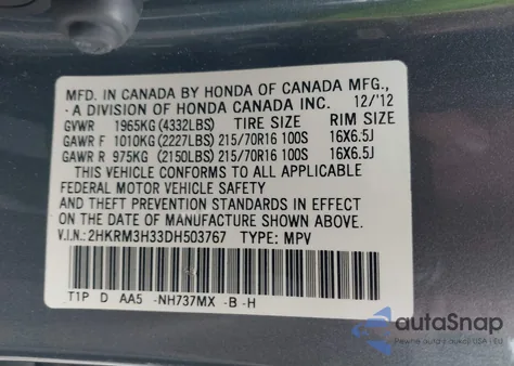 2013 Honda Cr-V Lx из США, поврежденный, VIN 2HKRM3H33DH503767